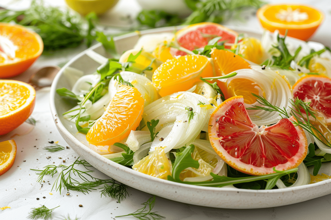 Fennel and citrus salad with blood orange, mandarin, and arugula on ceramic plate