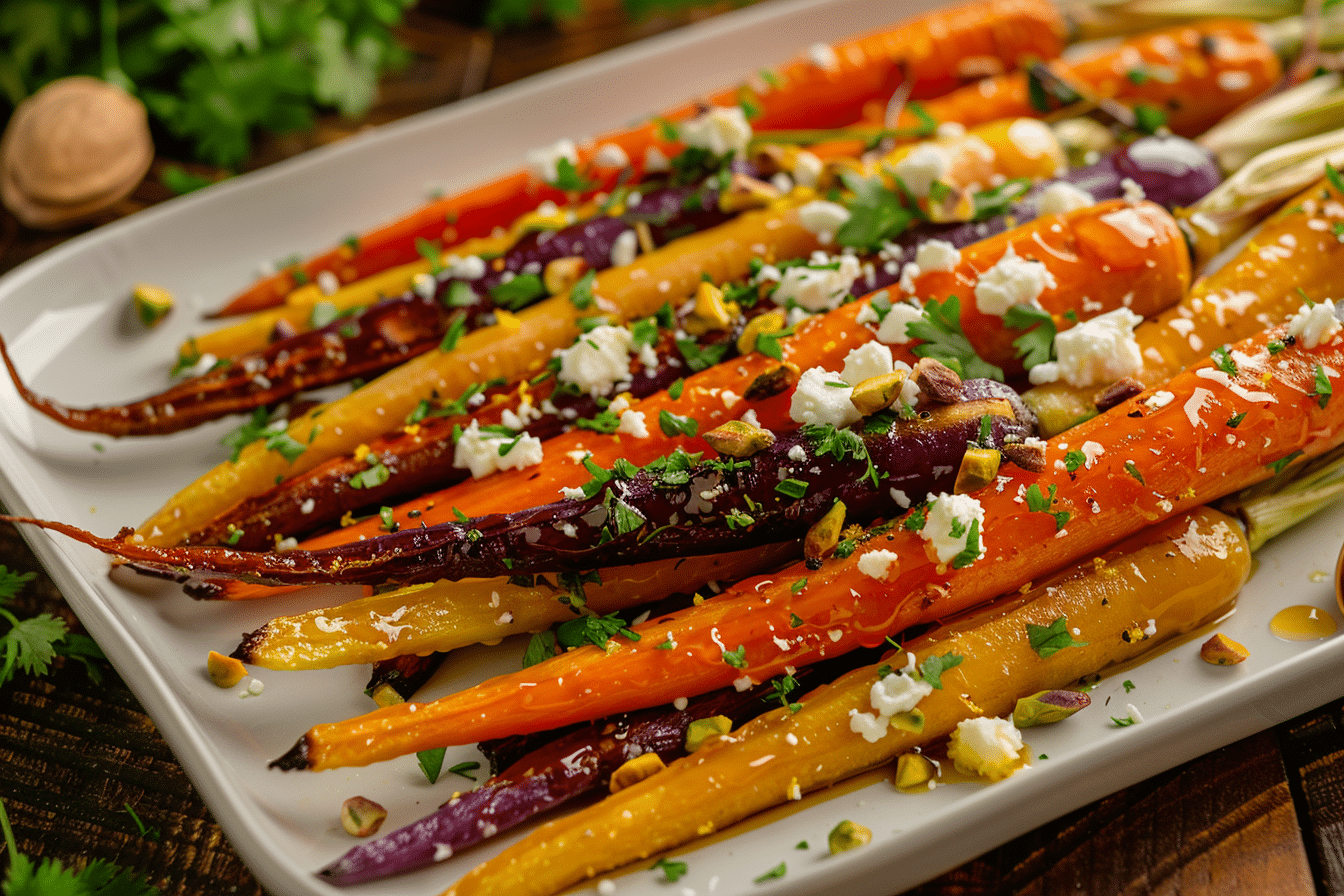 Roasted rainbow carrots with honey, feta, pistachios, and herbs on white platter
