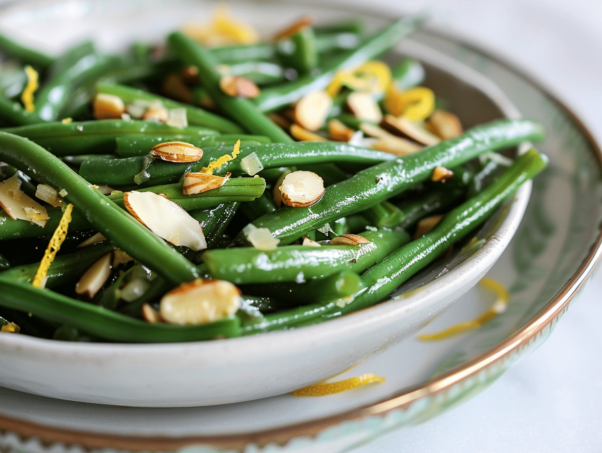 Sautéed green beans with slivered almonds, lemon zest, and shallots in ceramic bowl