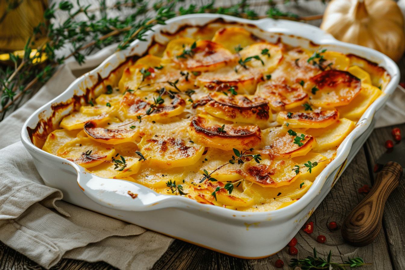 Golden baked parsnip and swede gratin with thyme in white ceramic dish