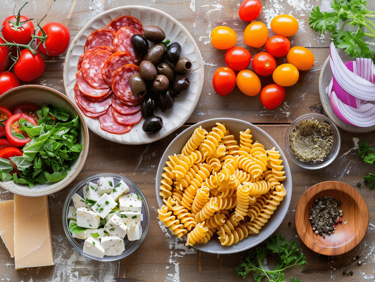 marwadmd Flat lay of fresh Italian pasta salad ingredients on a a65f0f7d 670e 4787 92f7 9c4e25e82c29