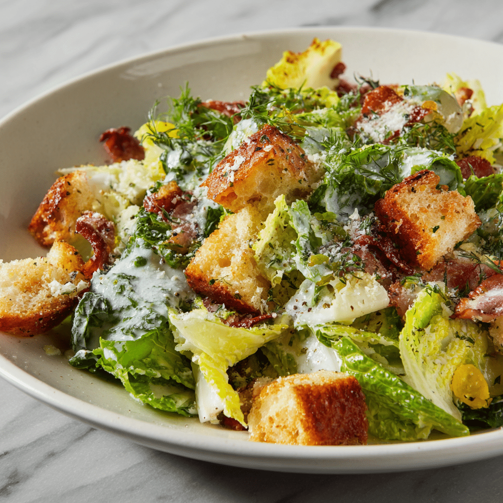 Rustic Caesar salad topped with crispy croutons, creamy dressing, fresh herbs, and romaine lettuce on a ceramic plate