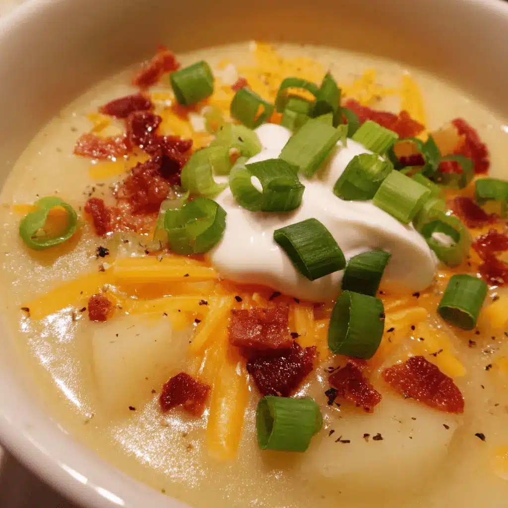 Creamy, loaded crockpot potato soup, garnished with bacon, cheese, sour cream, and green onions.
