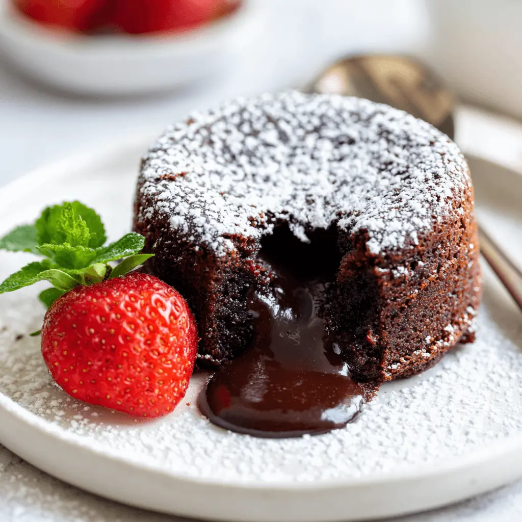 Decadent chocolate lava cake with molten chocolate, dusted with powdered sugar, garnished with a strawberry and mint, ideal for Easy Desserts for Two (No Stress Baking).