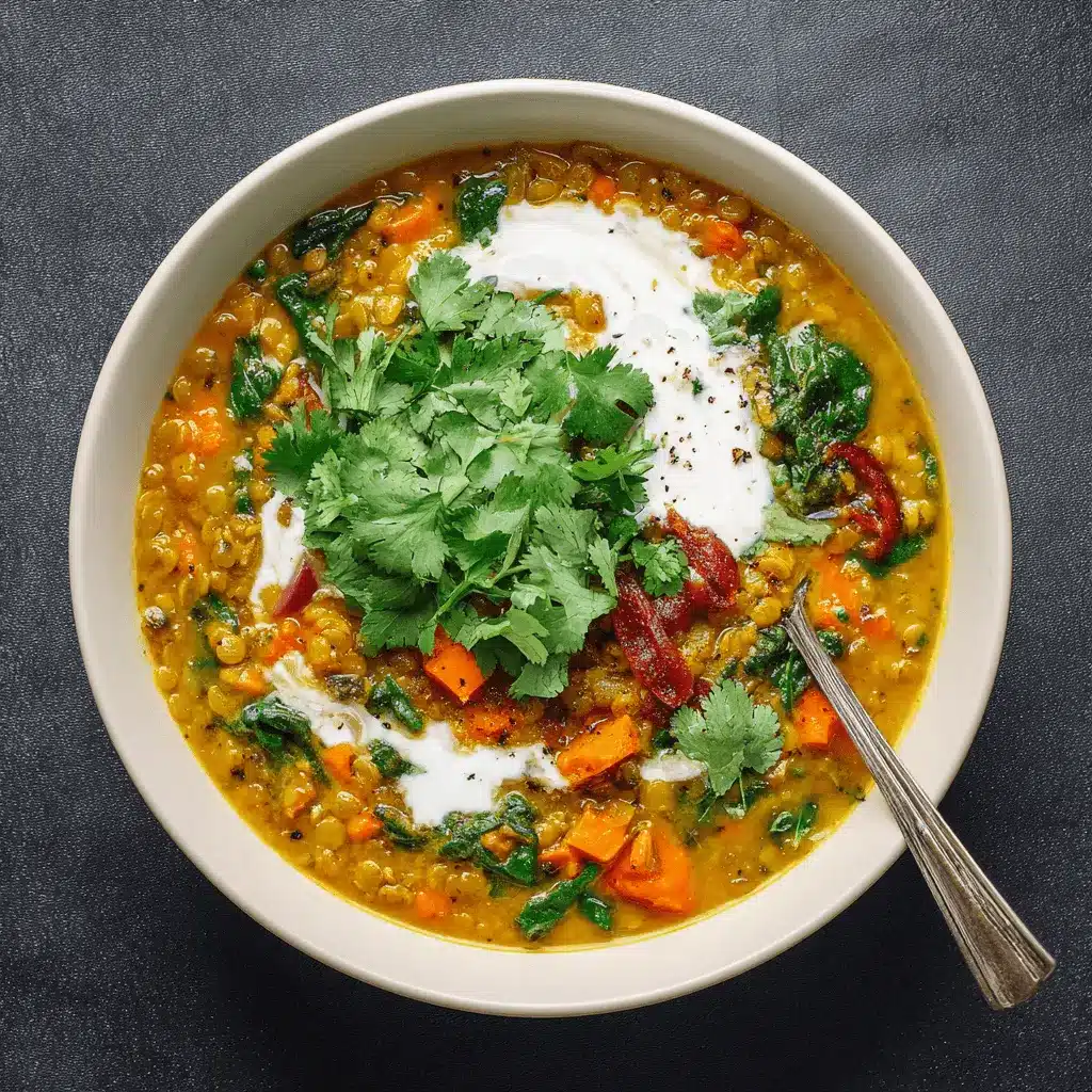 Overhead view of a vibrant bowl of Anti-Inflammatory Turmeric Lentil Soup (Vegan & Gluten-Free) garnished with fresh cilantro and a creamy swirl.