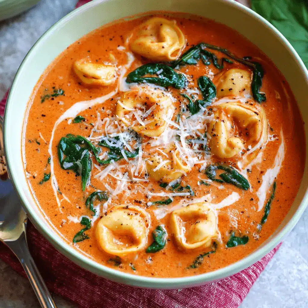 A close-up of creamy tomato tortellini soup with spinach and Parmesan cheese, perfect for exploring delicious tortellini soup recipes.