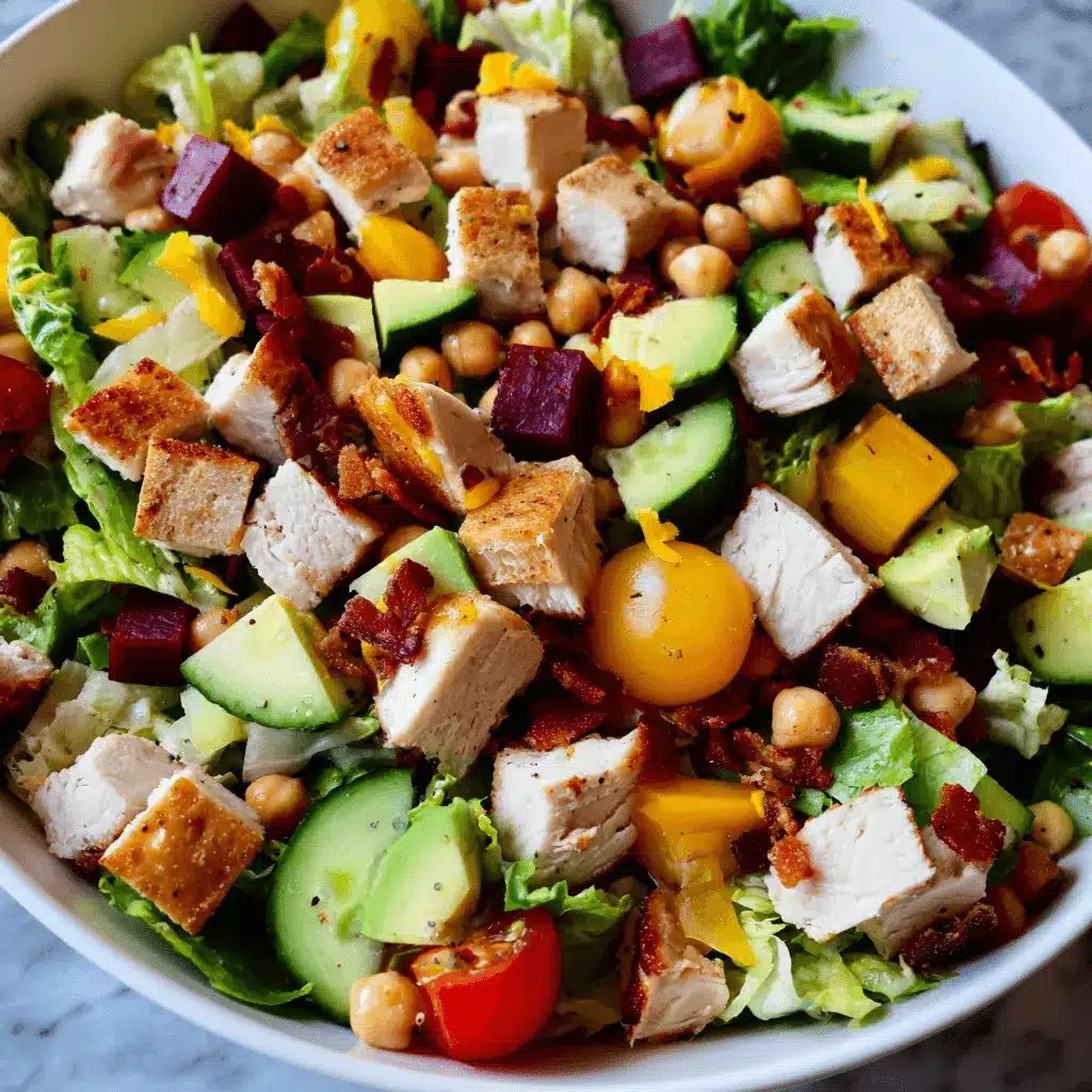 A vibrant and generously filled McCarthy Chopped Salad in a white bowl, featuring fresh lettuce, chicken, bacon, chickpeas, avocado, cucumber, beets, bell peppers, and tomatoes.