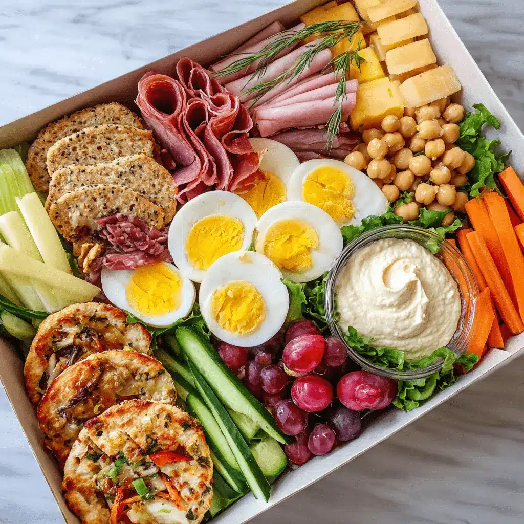 Beautifully arranged bento box featuring hard-boiled eggs, deli meats, cheese, crackers, hummus, fresh vegetables, and fruits, providing Quick Bento Box Ideas for Adult Lunches.