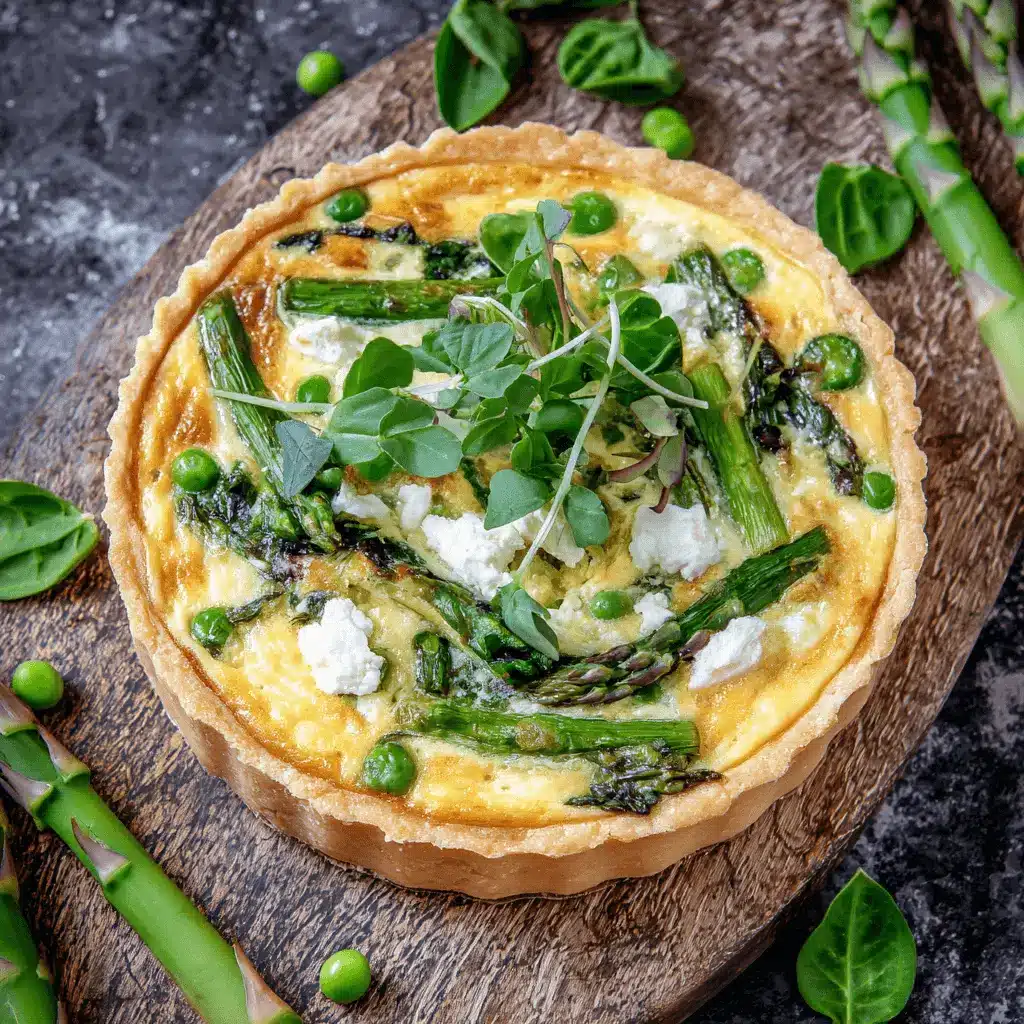Overhead view of a delicious Spring Vegetable Quiche with Goat Cheese, featuring asparagus and peas on a rustic wooden board.