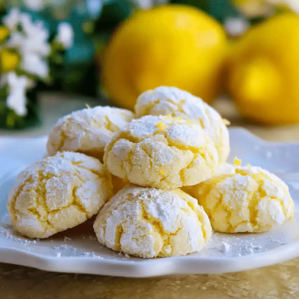 A close-up of a pile of white powdered sugar-coated Soft & Zesty Lemon Crinkle Cookies on a white plate, with blurred fresh lemons in the background.