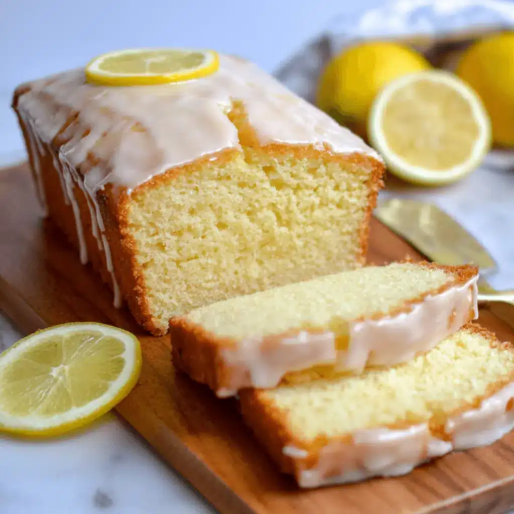A beautifully glazed Starbucks-Style Iced Lemon Loaf (Copycat) on a wooden board with two sliced pieces revealing its moist, golden interior and fresh lemon garnish.